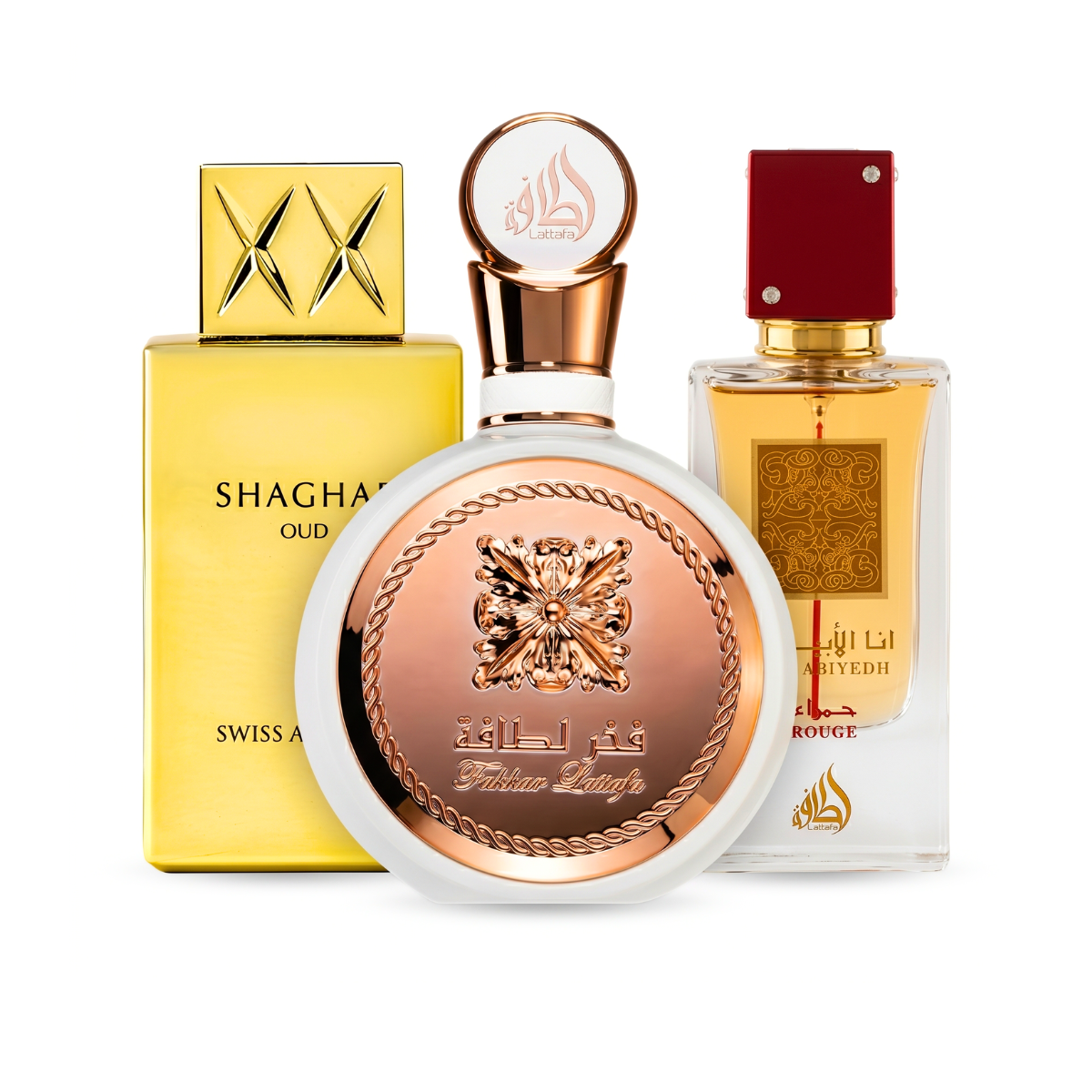 Zestaw 3 Perfum | Fakhar Rose + Ana Abiyedh Rouge + Swiss Arabian Shaghaf Oud 100 ml