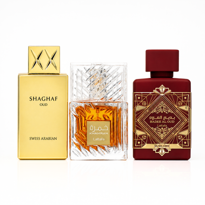 Zestaw 3 Perfum | Khamrah + Bade'e Al Oud Sublime + Swiss Arabian Shaghaf Oud 100 ml